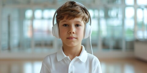 Photo of Generation Alpha boy in room with headphones using virtual classroom. Concept Technology, Learning Environment, Education, Generation Alpha, Virtual Classroom