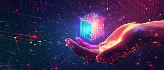 Fototapeta premium Abstract digital semiconductor hologram in technology hand. Humanoid hand holding computer chip. AI innovation concept. Tech bg. Artificial Intelligence Science background.