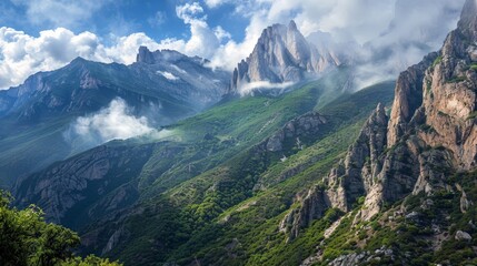 Naklejka premium A rugged mountain pass with steep cliffs and breathtaking views, challenging yet rewarding for adventurous travelers.