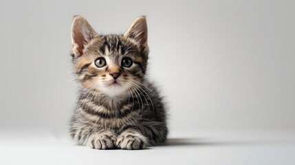 A playful and innocent fluffy kitten, cute and adorable, against a white background.