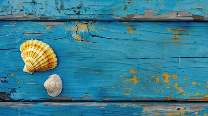 Seashell adorned yellow ticker on blue wood with space seen from above