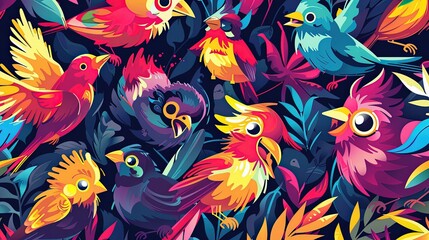 A vibrant background image depicting different birds with happy emotions in anime style.