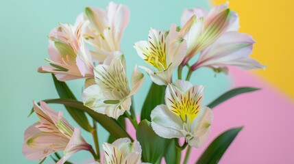 Fototapeta premium Close up white alstroemeria flower bouquet on colorful backdrop