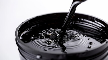 Container of black motor oil on white backdrop