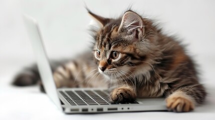 the cat is working on a laptop