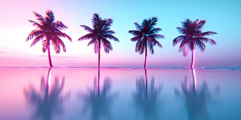 Naklejka premium Retrofuturistic beachscape with palm trees embodying 80s90s cyberpunk aesthetic. Concept retro futurism, beachscape, 80s, 90s, cyberpunk
