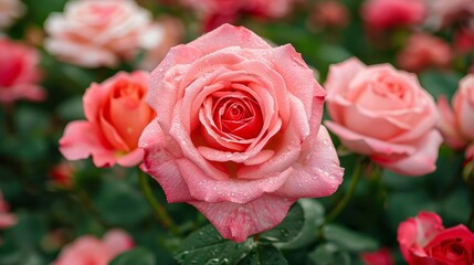 Rose garden in full bloom, various shades of pink and red roses, a romantic and fragrant atmosphere, dewdrops glistening in the morning light