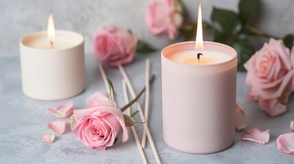 Rose-scented candles and diffusers, classic and romantic label design, premium packaging mock-up, creating a soothing, fragrant environment