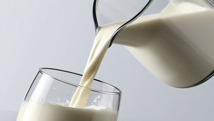 milk being poured into a glass from a jug. The milk should cascade smoothly, forming a graceful arc as it flows from the jug's spout into the glass