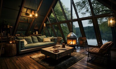 Inside a small villa built with trees and tents on the lake.