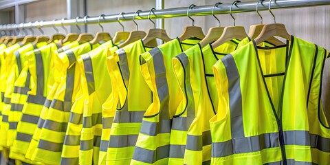 Yellow protective vests hanging on hangers, safety equipment, high visibility, workwear, industrial, construction