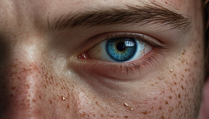 Fototapeta premium Detailed Portrait close-up of a young man with freckles and blue eyes looking straight dramatically 