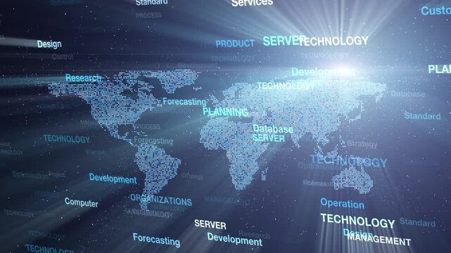 Computer business technology modern word cloud with world map animation.
