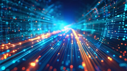 Fototapeta premium Digital technology internet network speed connection blue background, cyber nano information, abstract science communication, innovation futuristic tech data, Ai big data, lines dots. Generative Ai