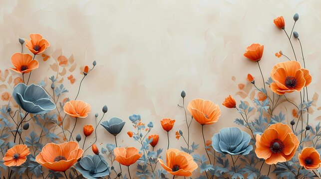 Orange and Blue Poppies on a Beige Background.