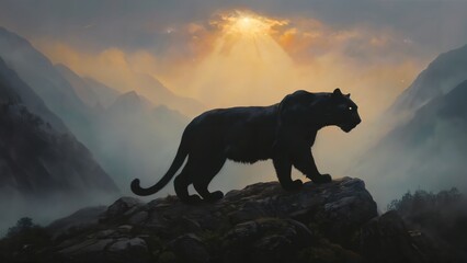 Generative AI, Majestic Black Panther Silhouetted Against a Dramatic Mountain Sunset Capturing the Essence of Wild Beauty and Untamed Power
