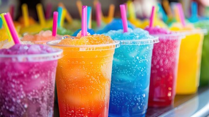 Rainbow-colored slushies in plastic cups with straws on a table, ideal for a fun outdoor party