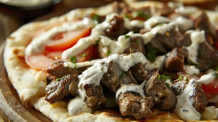 Tasty gyro dish with marinated meat fresh tomatoes onions and creamy tzatziki sauce on a plate