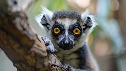 Fototapeta premium Curious lemur with big eyes perching on tree branch in forest