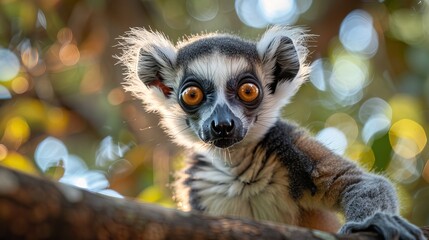 Lemur with striking eyes holding onto tree branch in natural habitat