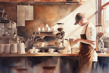 Barista Preparing Coffee Behind the Counter in a Cozy Cafe with Vintage Decor