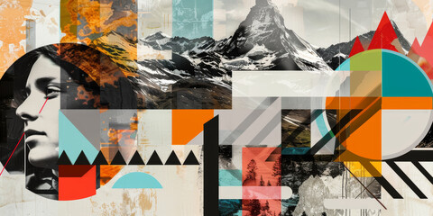 Abstract Geometric Collage with Mountain Landscape and Female Portrait