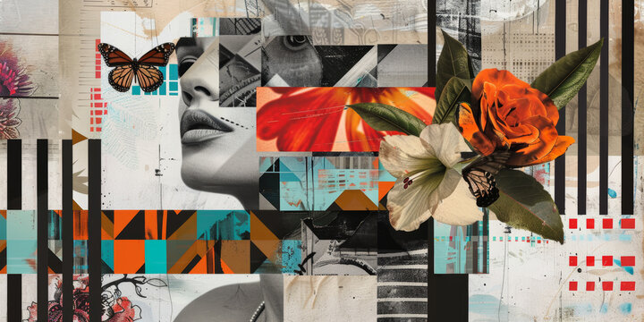 Abstract Collage with Geometric Patterns and Floral Elements in a Modern Art Design