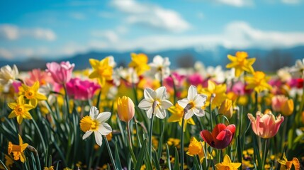 Obraz premium A scenic view of a field of blooming daffodils and tulips, capturing the essence of Easter and spring.