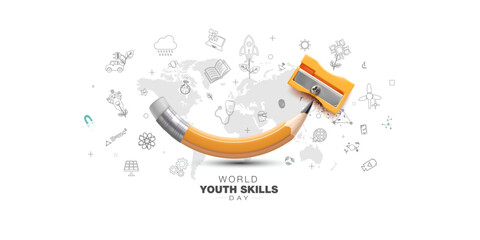 Pencil with sharpener and Educational background for world youth skills day theme.