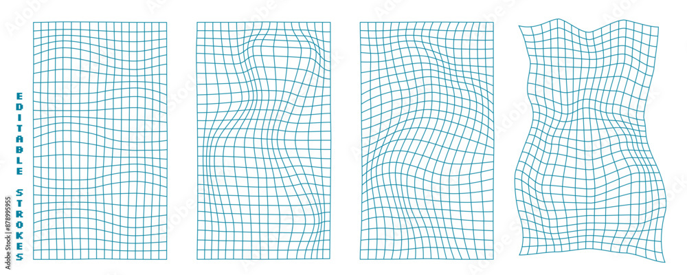 Wall mural abstract 3d wireframe mesh grid shapes with wavy patterns. neon blue y2k geometry and cyberpunk desi