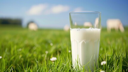 Cow milk from the Netherlands on grass in a field with blue sky