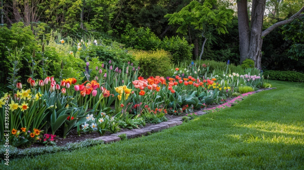 Sticker a serene easter garden with blooming tulips, daffodils, and lilies, symbolizing the renewal of sprin