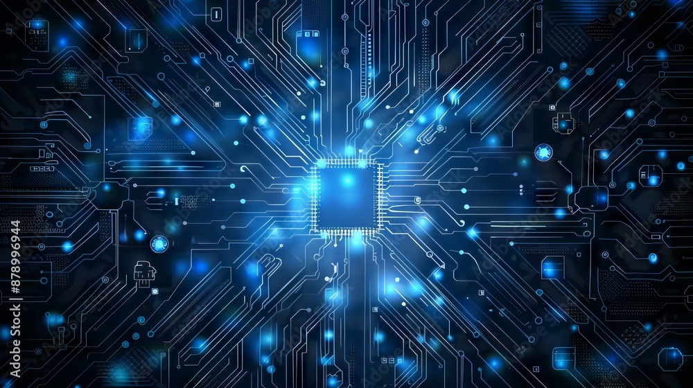 Poster abstract ai circuit board background. technology connected blue lines with electronics elements on t