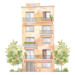 Fototapeta premium Watercolor Apartment Building Illustration with Plants and Balconies