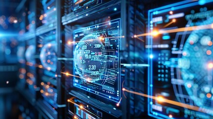 High-tech data center with digital hologram interfaces and servers, showcasing advanced technology and computing infrastructure.