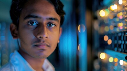 The close up picture of the IT specialist man from south asia is looking at camera and working in the server room, the IT specialist require skill like technology knowledge and data analysis. AIG43.tt