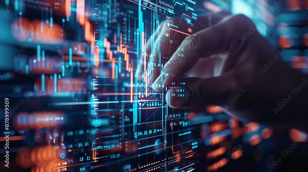 Poster close-up of a hand interacting with a futuristic digital interface, representing high-tech innovatio