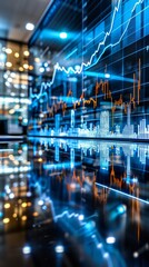 Fototapeta premium Financial stock market graph and chart, representing global business growth and economic trends in a modern city office environment.