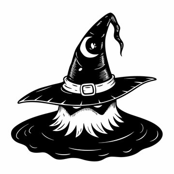 Black and White Illustration of a Wizard Hat with Beard and Moon Detail