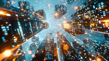 Futuristic Cityscape with Holographic Advertisements Promoting Consumerism