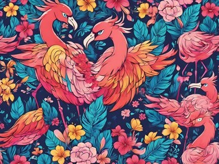 Naklejka premium Generative AI. Beautiful tropical vector seamless pattern background with coconut palm trees, flamingo, hibiscus. Isolated on white background. The Summer beach surfing illustration.