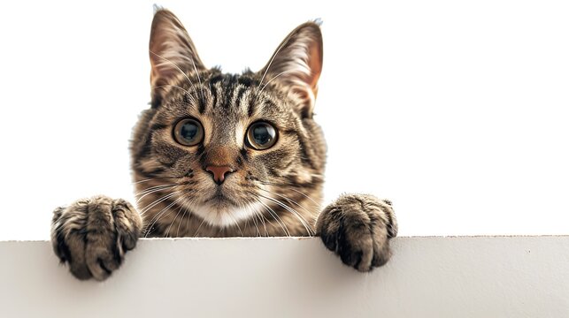 Cat Holding a Blank Sign: A cute tabby cat sitting upright, holding a blank sign with its front paws.