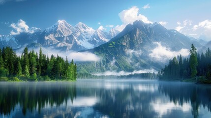 Serene Mountain Lake with Misty Peaks