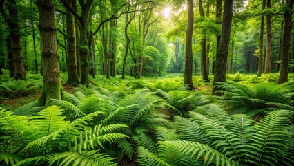 Fototapeta premium Lush green ferns in a serene forest setting, Nature, leafy, green, botany, foliage, plants, woodland, peaceful, tranquil