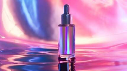 Hightech beauty serum, holographic ingredients list, sleek