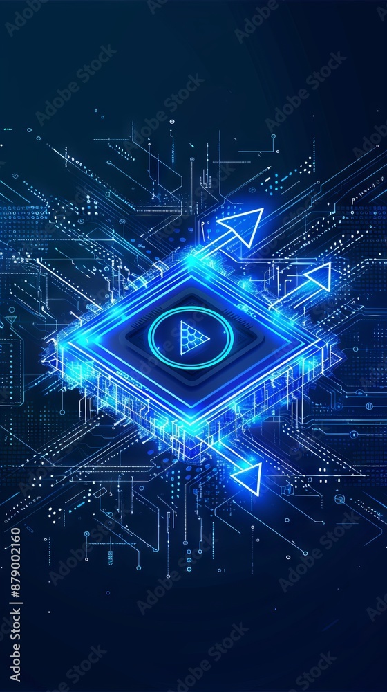 Poster ai chip and two recycle digital arrows. abstract digital ai processor in low poly wireframe with neo
