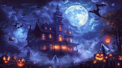 Obraz premium Spooky Halloween scene with a haunted house surrounded by fog, ghosts, bats, and jackolanterns under a full moon in a dark, cloudy sky