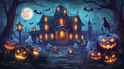 Haunted House with Ghosts and JackoLanterns on Halloween Night
