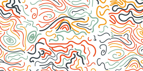 Fun colorful line doodle seamless pattern. Creative minimalist style art background for children or trendy design with basic shapes.