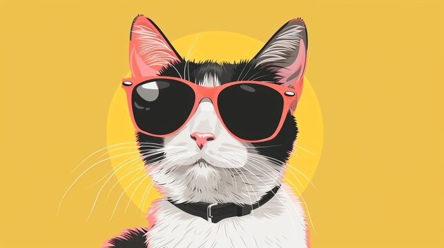 Cat wearing sunglasses, summer fun, flat design illustration